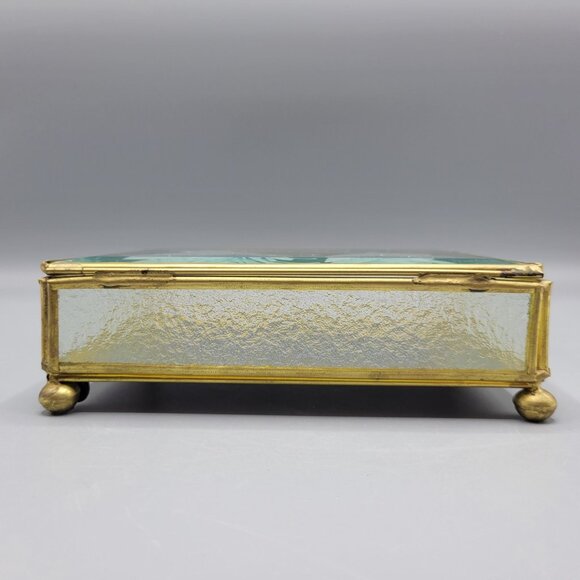 Vintage Flambro Glass Jewelry Box Etched Butterfly Design Brass Frame Taiwan - Picture 10 of 16